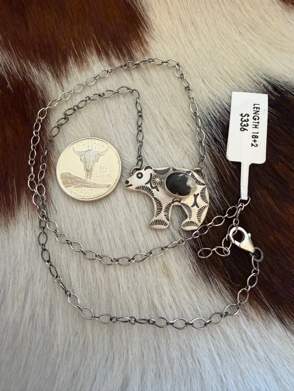 ❤️ White Buffalo Hand Stamped Statement Bear Necklace Matte Sterling 18+2” Adj